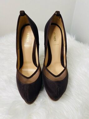 Fendi Chocolate Brown Mesh and Suede High Heel Platform Pumps. Authentic